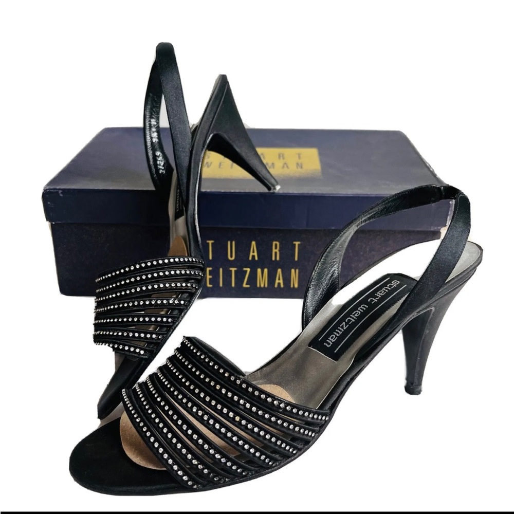 Vintage Stuart Weitzman Black Satin Rhinstone Strap Slingback Heels Shoes Sz 7.5